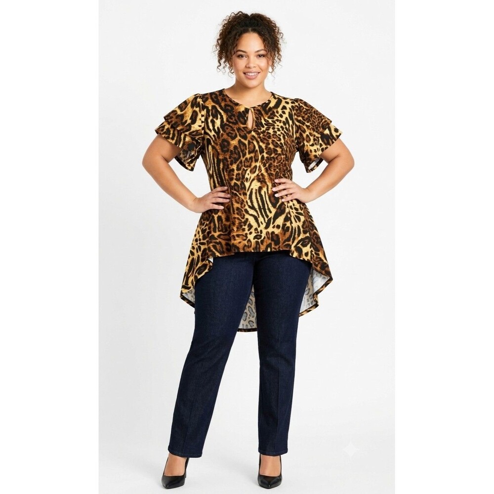 Impulsive Women's Leopard Cheetah Top Blouse Ruffle High-Low 1X (14/16) NEW